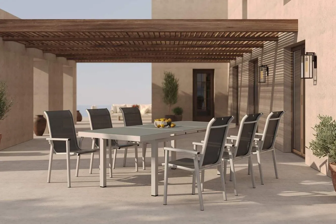 KETTLER BasicPlus Pro Garten-Essgruppe, silber/anthrazit, Alu/Textilene, ausziehbarer Tisch 180/240 x 100 cm, 6 Stapelsessel