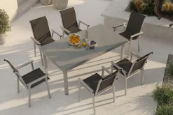 KETTLER BasicPlus Pro Garten-Essgruppe, silber/anthrazit, Alu/Textilene, ausziehbarer Tisch 180/240 x 100 cm, 6 Stapelsessel