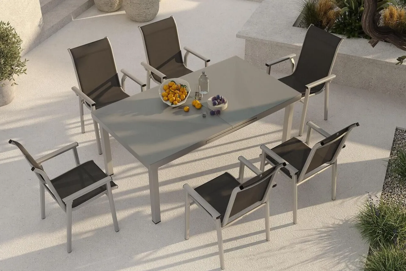 KETTLER BasicPlus Pro Garten-Essgruppe, silber/anthrazit, Alu/Textilene, ausziehbarer Tisch 180/240 x 100 cm, 6 Stapelsessel