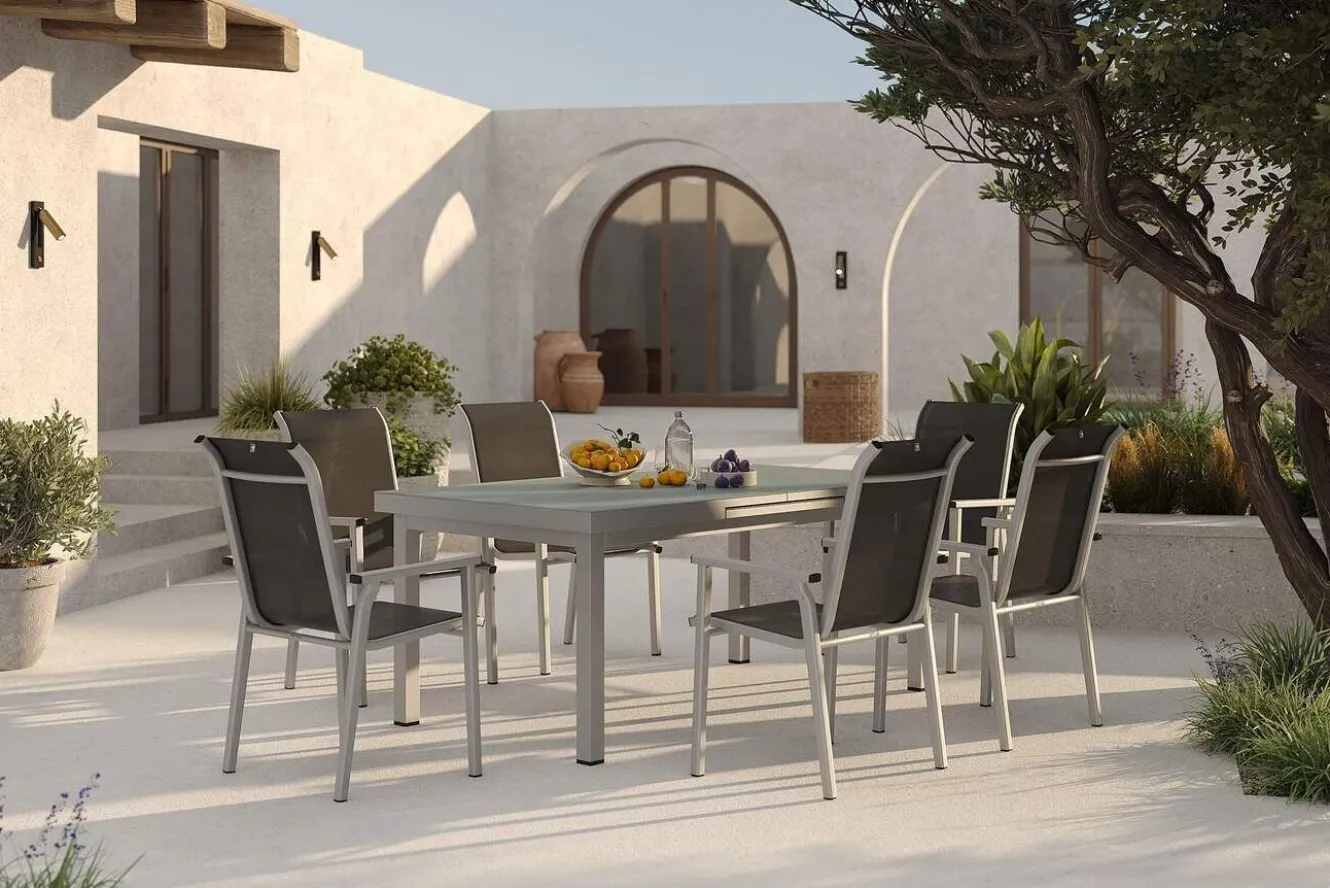 KETTLER BasicPlus Pro Garten-Essgruppe, silber/anthrazit, Alu/Textilene, ausziehbarer Tisch 180/240 x 100 cm, 6 Stapelsessel
