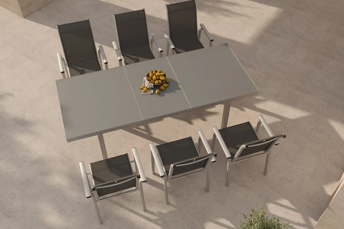 KETTLER BasicPlus Pro Garten-Essgruppe, silber/anthrazit, Alu/Textilene, ausziehbarer Tisch 180/240 x 100 cm, 6 Stapelsessel