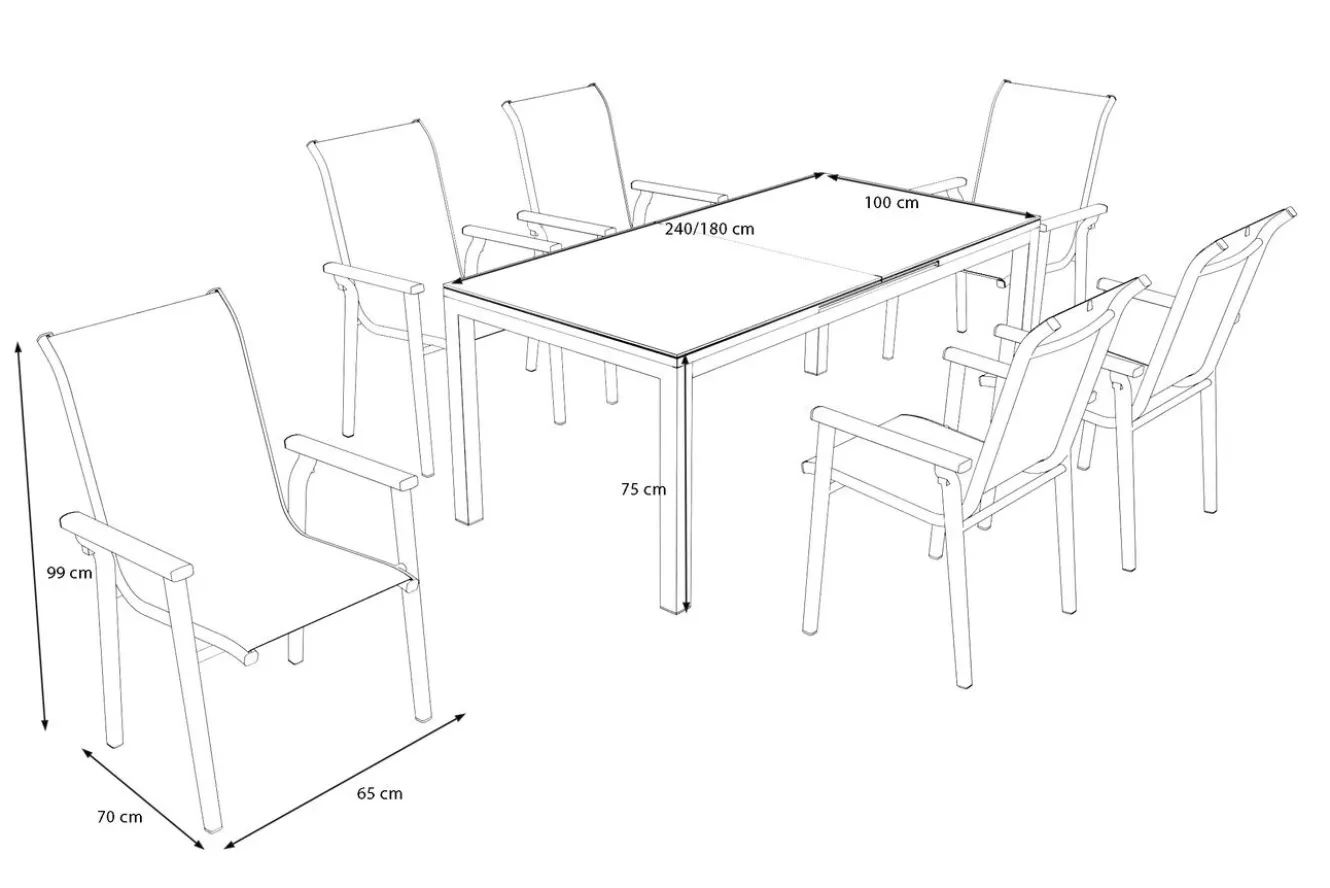 KETTLER BasicPlus Pro Garten-Essgruppe, silber/anthrazit, Alu/Textilene, ausziehbarer Tisch 180/240 x 100 cm, 6 Stapelsessel