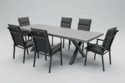 KETTLER BasicPlus Pro Garten-Essgruppe, anthrazit/schwarz, Aluminium/Steinimitat/Polyester, 200/260 x 100 cm, 6 Stapelsessel, inkl Auflagen