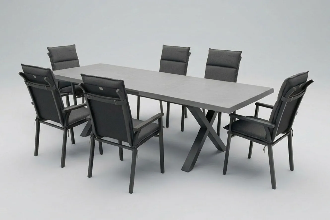 KETTLER BasicPlus Pro Garten-Essgruppe, anthrazit/schwarz, Aluminium/Steinimitat/Polyester, 200/260 x 100 cm, 6 Stapelsessel, inkl Auflagen