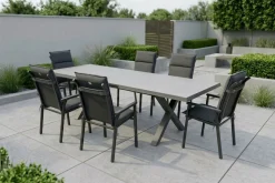 KETTLER BasicPlus Pro Garten-Essgruppe, anthrazit/schwarz, Aluminium/Steinimitat/Polyester, 200/260 x 100 cm, 6 Stapelsessel, inkl Auflagen