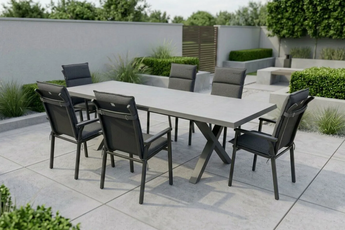 KETTLER BasicPlus Pro Garten-Essgruppe, anthrazit/schwarz, Aluminium/Steinimitat/Polyester, 200/260 x 100 cm, 6 Stapelsessel, inkl Auflagen