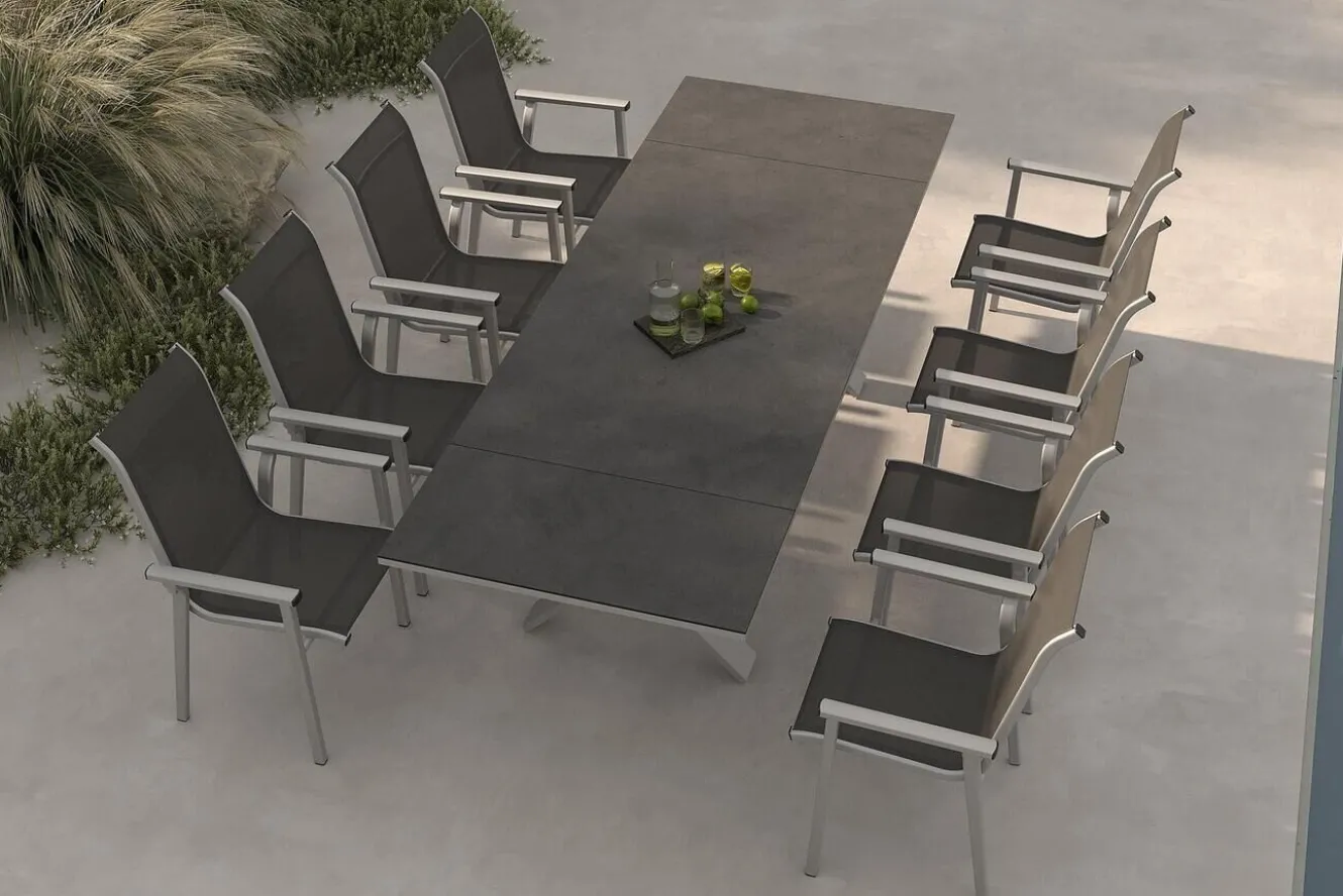 KETTLER BasicPlus Pro Garten-Essgruppe, silber/anthrazit, Alu/Textilene, ausziehbarer Tisch 180/280 x 100 cm, 8 Stapelsessel
