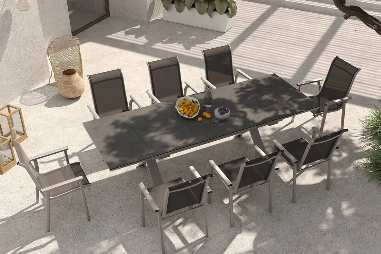 KETTLER BasicPlus Pro Garten-Essgruppe, silber/anthrazit, Alu/Textilene, ausziehbarer Tisch 180/280 x 100 cm, 8 Stapelsessel