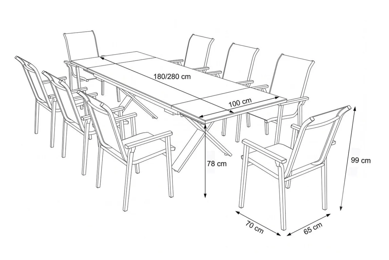 KETTLER BasicPlus Pro Garten-Essgruppe, silber/anthrazit, Alu/Textilene, ausziehbarer Tisch 180/280 x 100 cm, 8 Stapelsessel