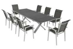 KETTLER BasicPlus Pro Garten-Essgruppe, silber/anthrazit, Alu/Textilene, ausziehbarer Tisch 180/280 x 100 cm, 8 Stapelsessel