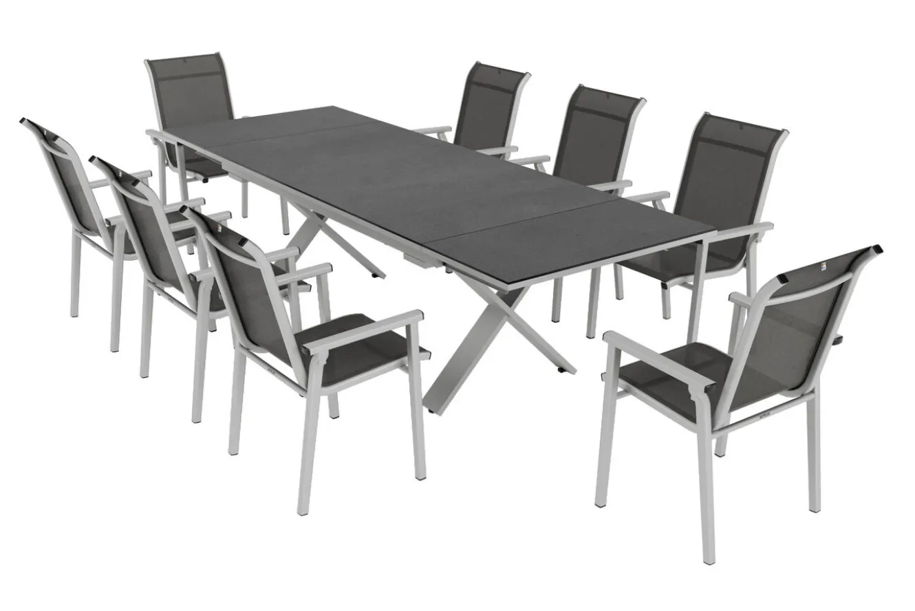 KETTLER BasicPlus Pro Garten-Essgruppe, silber/anthrazit, Alu/Textilene, ausziehbarer Tisch 180/280 x 100 cm, 8 Stapelsessel