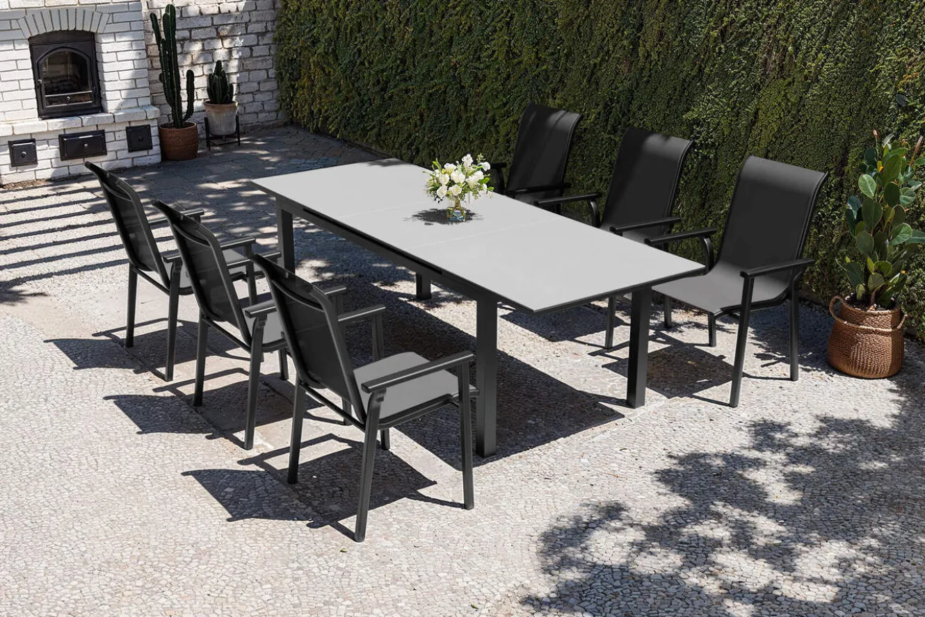 KETTLER BasicPlus Pro Garten-Essgruppe, anthrazit, Alu/Textilene, Tisch 180/240 x 90 cm, 6 Stapelsessel
