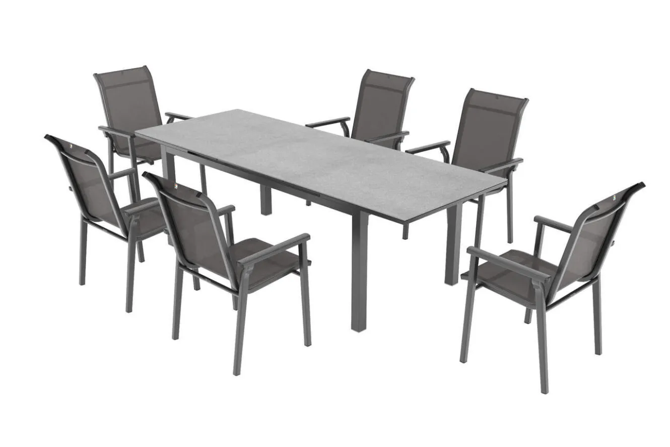 KETTLER BasicPlus Pro Garten-Essgruppe, anthrazit, Alu/Textilene, Tisch 180/240 x 90 cm, 6 Stapelsessel