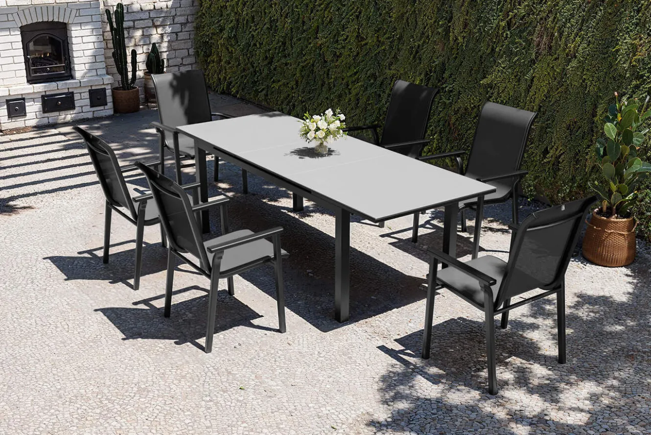 KETTLER BasicPlus Pro Garten-Essgruppe, anthrazit, Alu/Textilene, Tisch 180/240 x 90 cm, 6 Stapelsessel
