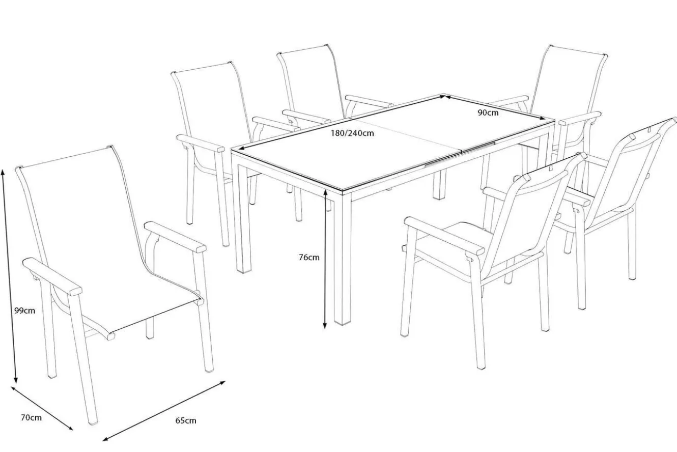 KETTLER BasicPlus Pro Garten-Essgruppe, anthrazit, Alu/Textilene, Tisch 180/240 x 90 cm, 6 Stapelsessel