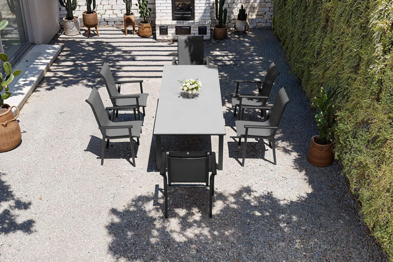 KETTLER BasicPlus Pro Garten-Essgruppe, anthrazit, Alu/Textilene, Tisch 180/240 x 90 cm, 6 Stapelsessel
