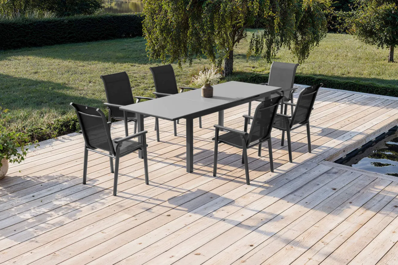 KETTLER BasicPlus Pro Garten-Essgruppe, anthrazit, Alu/Textilene, Tisch 180/240 x 90 cm, 6 Stapelsessel