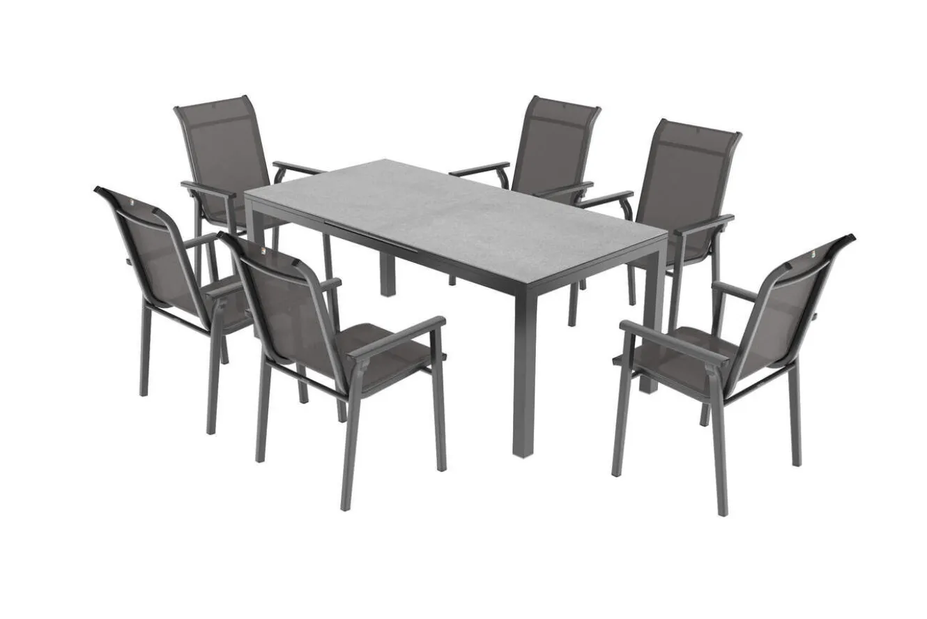 KETTLER BasicPlus Pro Garten-Essgruppe, anthrazit, Alu/Textilene, Tisch 180/240 x 90 cm, 6 Stapelsessel