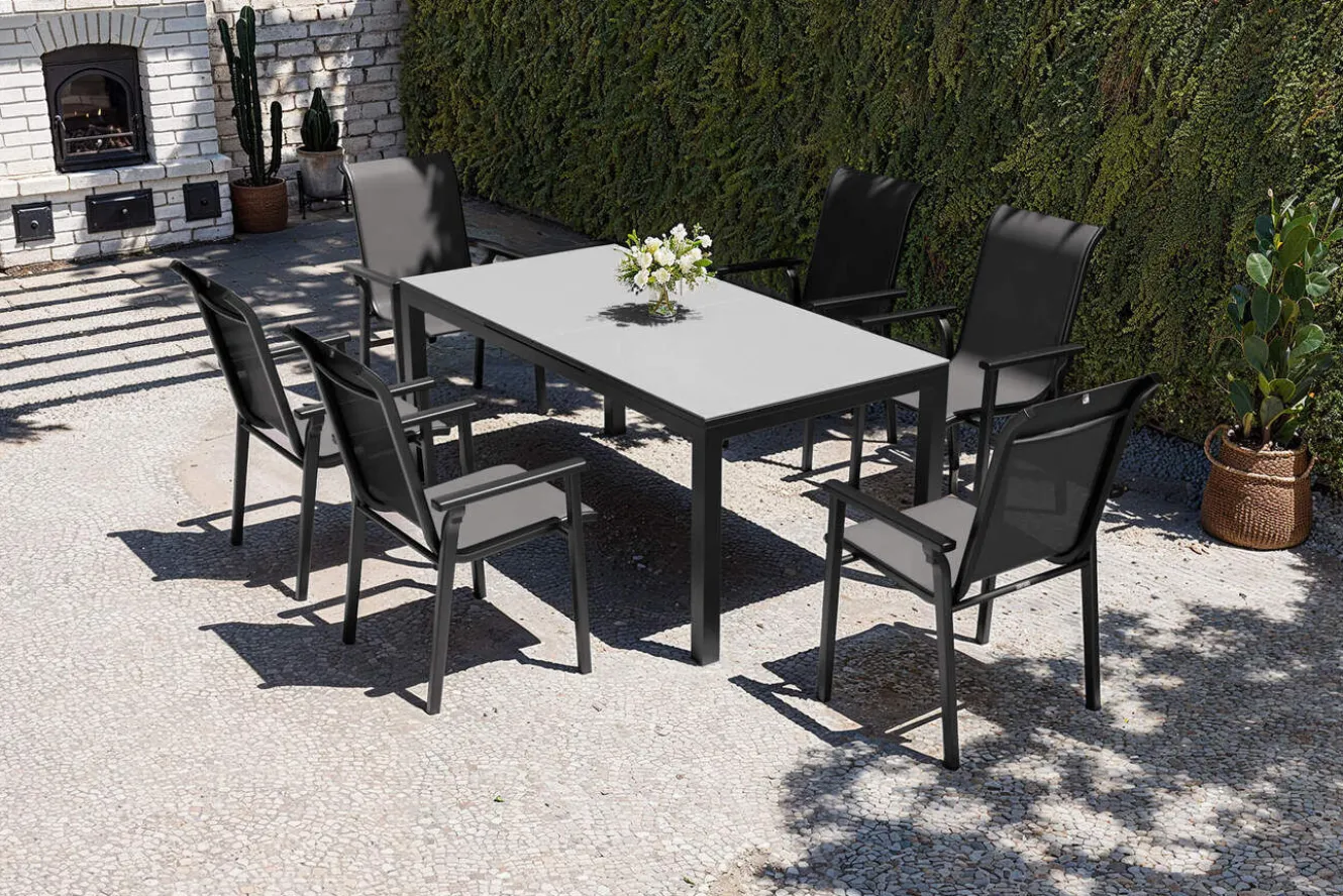 KETTLER BasicPlus Pro Garten-Essgruppe, anthrazit, Alu/Textilene, Tisch 180/240 x 90 cm, 6 Stapelsessel