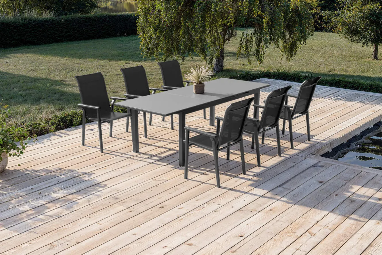KETTLER BasicPlus Pro Garten-Essgruppe, anthrazit, Alu/Textilene, Tisch 180/240 x 90 cm, 6 Stapelsessel