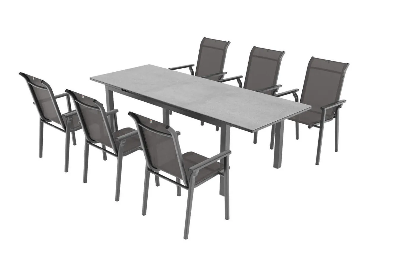 KETTLER BasicPlus Pro Garten-Essgruppe, anthrazit, Alu/Textilene, Tisch 180/240 x 90 cm, 6 Stapelsessel
