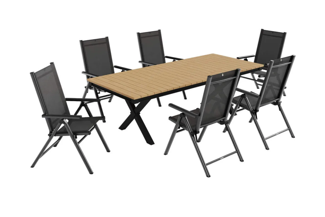KETTLER BasicPlus Pro Garten-Essgruppe mit LED-Beleuchtung, anthrazit/natur, Alu/Holzimitat, 240 x 100 cm, 6 Klappstühle
