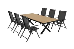KETTLER BasicPlus Pro Garten-Essgruppe mit LED-Beleuchtung, anthrazit/natur, Alu/Holzimitat, 240 x 100 cm, 6 Klappstühle