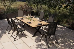 KETTLER BasicPlus Pro Garten-Essgruppe mit LED-Beleuchtung, anthrazit/natur, Alu/Holzimitat, 240 x 100 cm, 6 Klappstühle