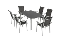 KETTLER BasicPlus Pro Garten-Essgruppe, silber/anthrazit, Alu/Textilene, Esstisch 160 x 95 cm, 6 Stapelsessel