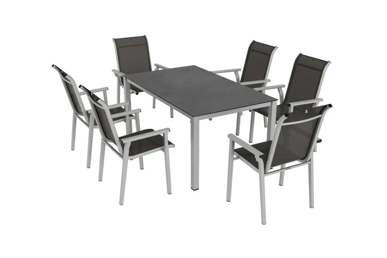 KETTLER BasicPlus Pro Garten-Essgruppe, silber/anthrazit, Alu/Textilene, Esstisch 160 x 95 cm, 6 Stapelsessel