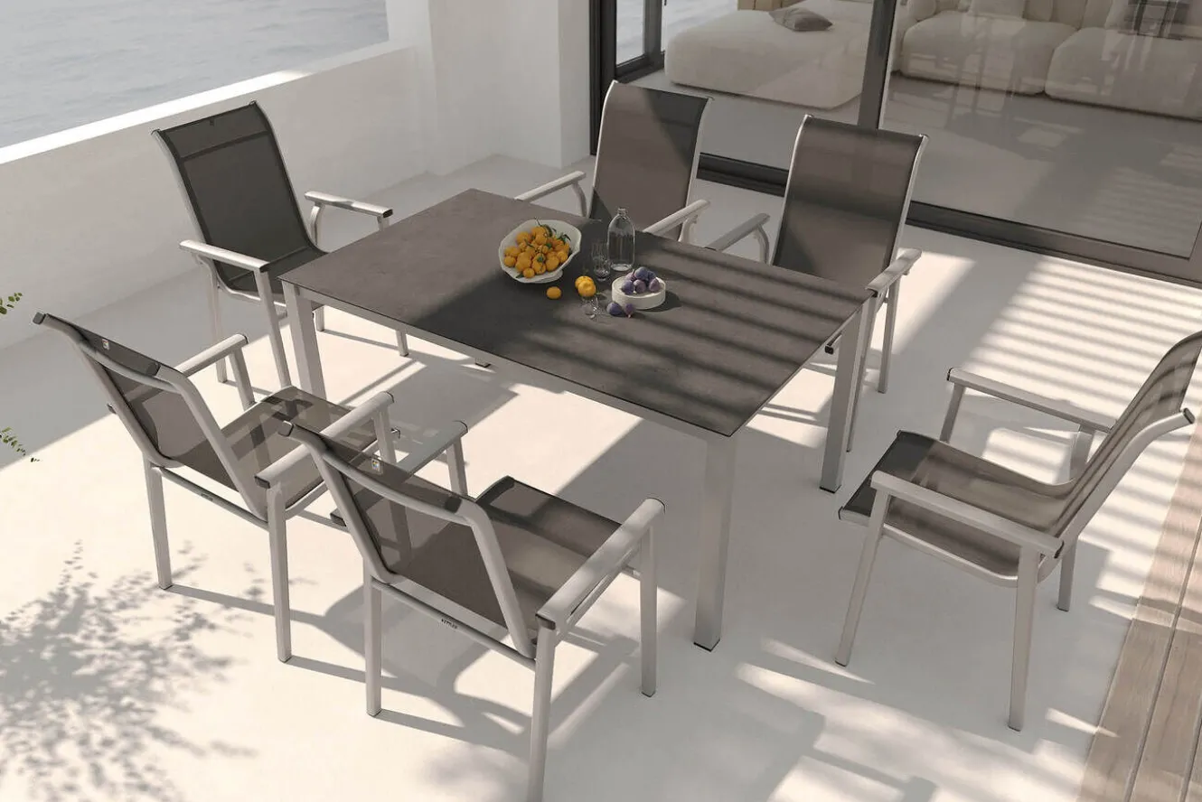 KETTLER BasicPlus Pro Garten-Essgruppe, silber/anthrazit, Alu/Textilene, Esstisch 160 x 95 cm, 6 Stapelsessel