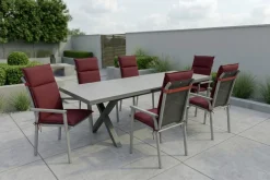 KETTLER BasicPlus Pro Garten-Essgruppe, silber/bordeaux, Alu/Steinimitat/Polyester, 200/260 x 100 cm, 6 Stapelsessel, Polster inklusive