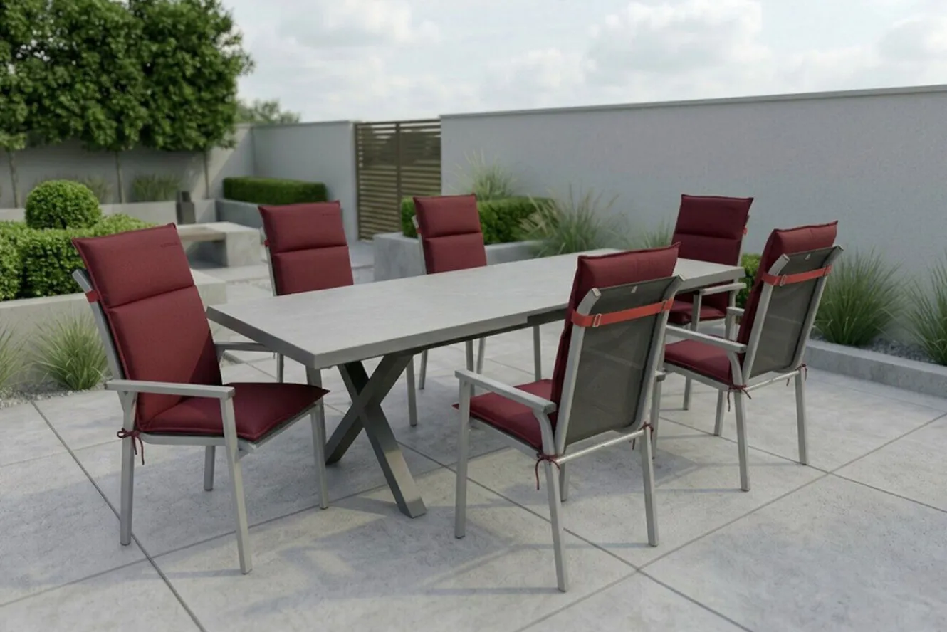 KETTLER BasicPlus Pro Garten-Essgruppe, silber/bordeaux, Alu/Steinimitat/Polyester, 200/260 x 100 cm, 6 Stapelsessel, Polster inklusive