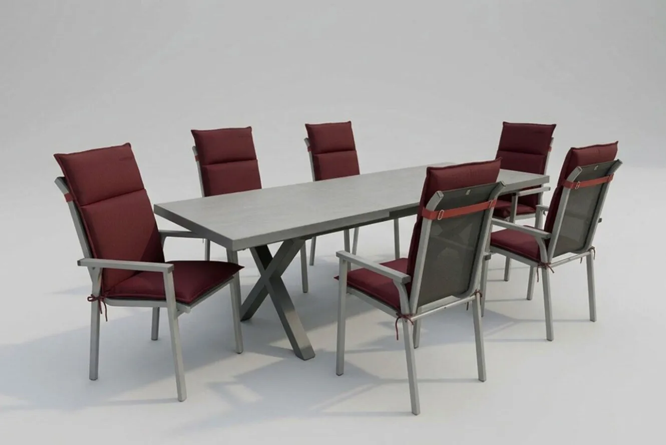 KETTLER BasicPlus Pro Garten-Essgruppe, silber/bordeaux, Alu/Steinimitat/Polyester, 200/260 x 100 cm, 6 Stapelsessel, Polster inklusive
