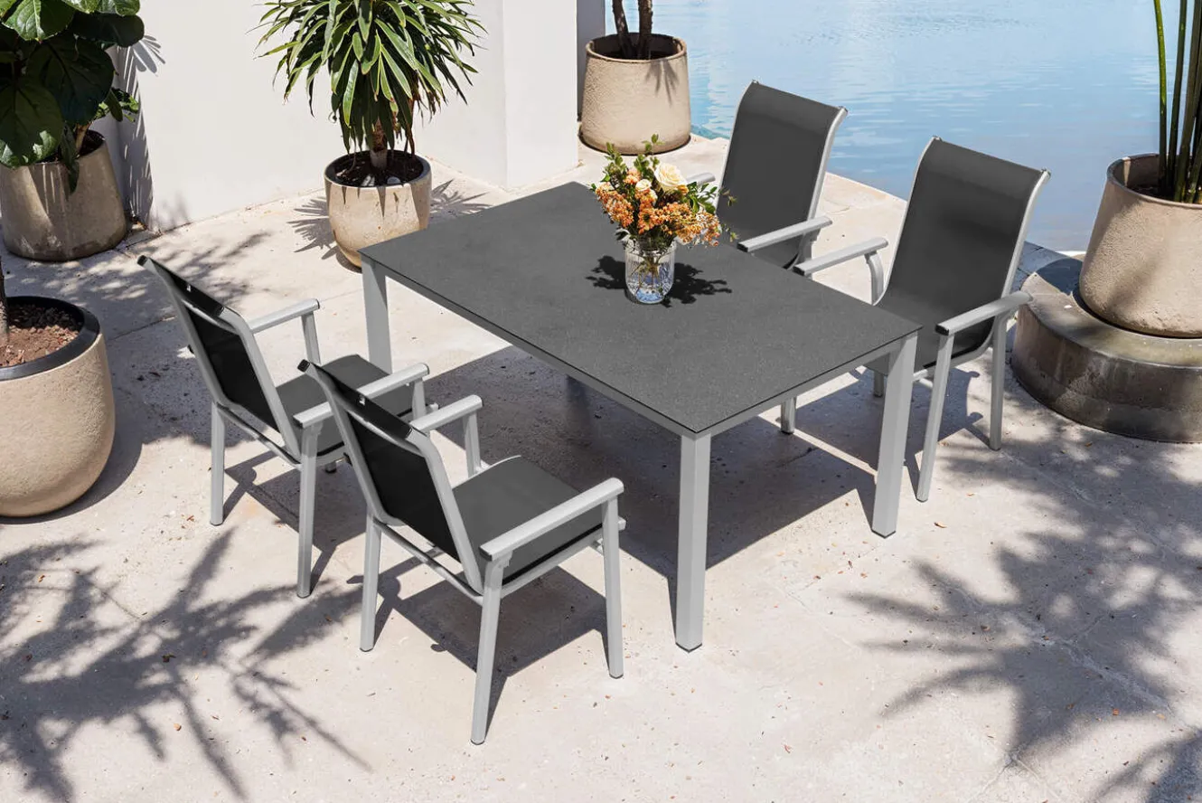 KETTLER BasicPlus Pro Garten-Essgruppe, silber/anthrazit, Alu/Textilene, Esstisch 160 x 95 cm, 4 Stapelsessel