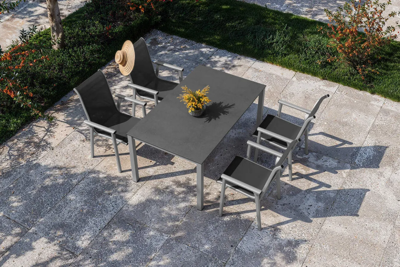 KETTLER BasicPlus Pro Garten-Essgruppe, silber/anthrazit, Alu/Textilene, Esstisch 160 x 95 cm, 4 Stapelsessel