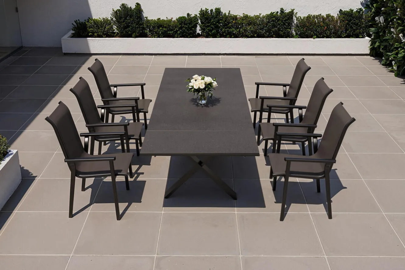 KETTLER BasicPlus Pro Garten-Essgruppe, anthrazit, Alu/Textilene/Spraystone, Tisch 180/280 x 100 cm, 6 Stapelsessel