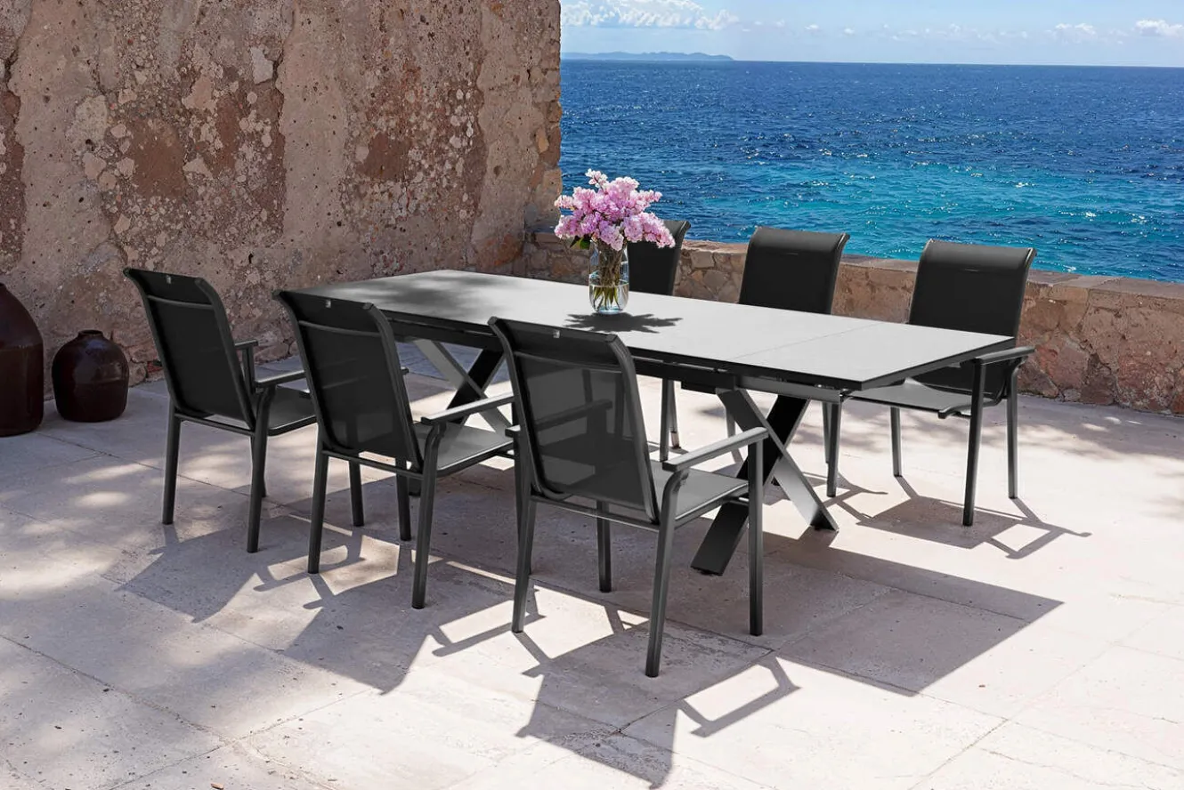 KETTLER BasicPlus Pro Garten-Essgruppe, anthrazit, Alu/Textilene/Spraystone, Tisch 180/280 x 100 cm, 6 Stapelsessel
