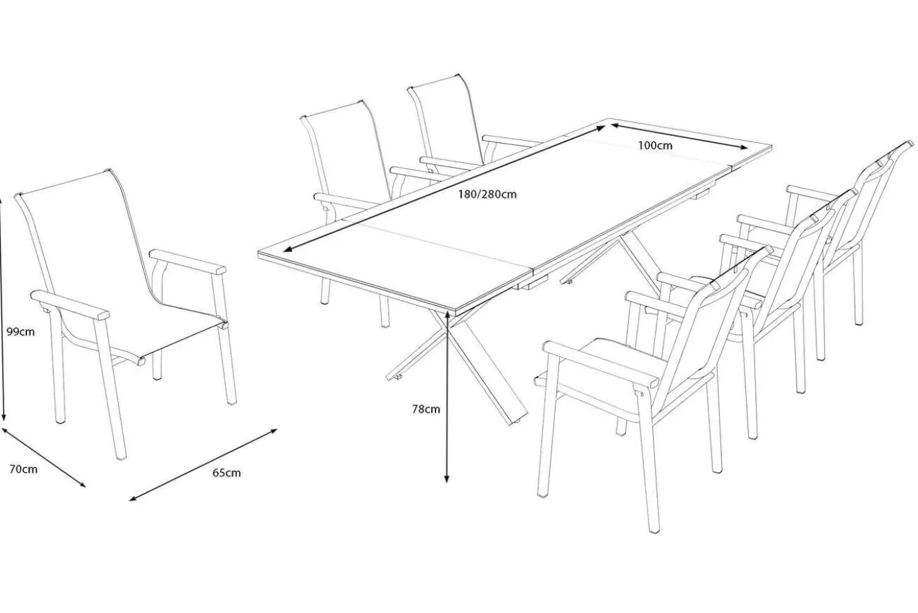 KETTLER BasicPlus Pro Garten-Essgruppe, anthrazit, Alu/Textilene/Spraystone, Tisch 180/280 x 100 cm, 6 Stapelsessel
