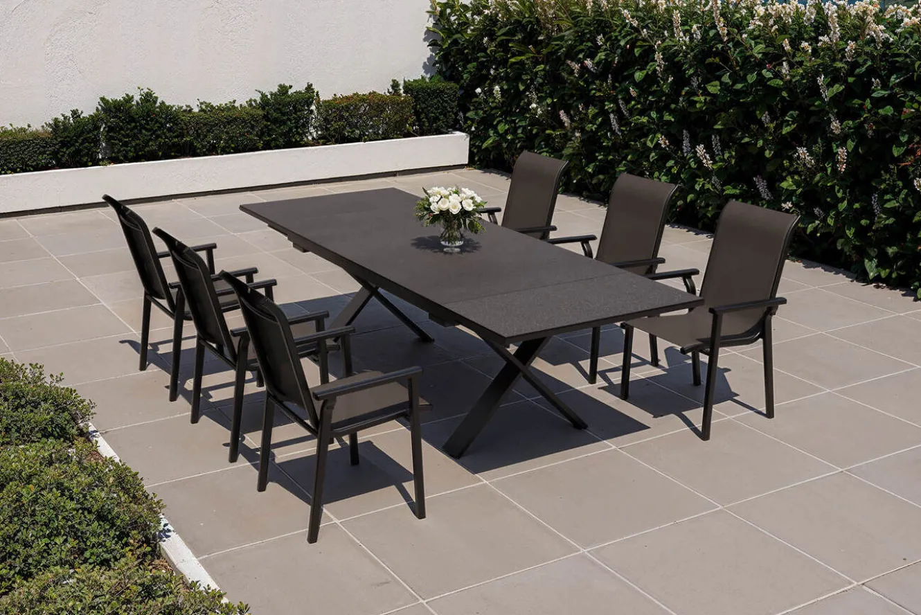 KETTLER BasicPlus Pro Garten-Essgruppe, anthrazit, Alu/Textilene/Spraystone, Tisch 180/280 x 100 cm, 6 Stapelsessel