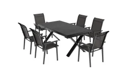 KETTLER BasicPlus Pro Garten-Essgruppe, anthrazit, Alu/Textilene/Spraystone, Tisch 180/280 x 100 cm, 6 Stapelsessel