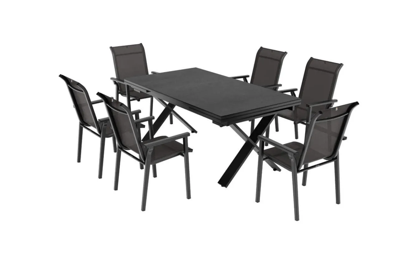 KETTLER BasicPlus Pro Garten-Essgruppe, anthrazit, Alu/Textilene/Spraystone, Tisch 180/280 x 100 cm, 6 Stapelsessel