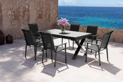 KETTLER BasicPlus Pro Garten-Essgruppe, anthrazit, Alu/Textilene/Spraystone, Tisch 180/280 x 100 cm, 6 Stapelsessel