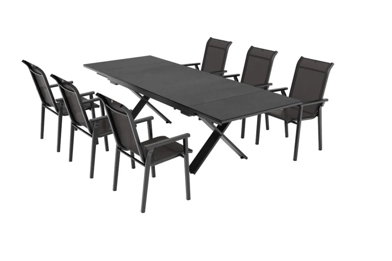 KETTLER BasicPlus Pro Garten-Essgruppe, anthrazit, Alu/Textilene/Spraystone, Tisch 180/280 x 100 cm, 6 Stapelsessel
