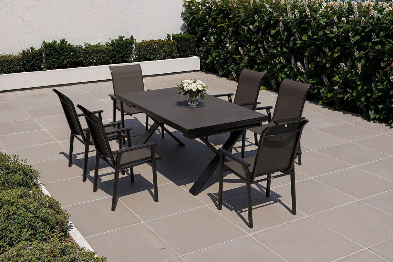 KETTLER BasicPlus Pro Garten-Essgruppe, anthrazit, Alu/Textilene/Spraystone, Tisch 180/280 x 100 cm, 6 Stapelsessel