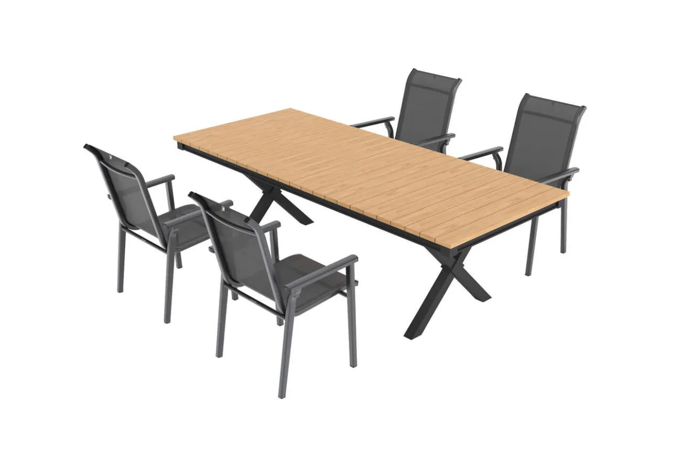 KETTLER BasicPlus Pro Garten-Essgruppe, anthrazit/natur, Alu/Holzimitat, LED-Beleuchtung, Tischplatte 240 x 100 cm, 4 Stapelsessel