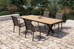 KETTLER BasicPlus Pro Garten-Essgruppe, anthrazit/natur, Alu/Holzimitat, LED-Beleuchtung, Tischplatte 240 x 100 cm, 4 Stapelsessel