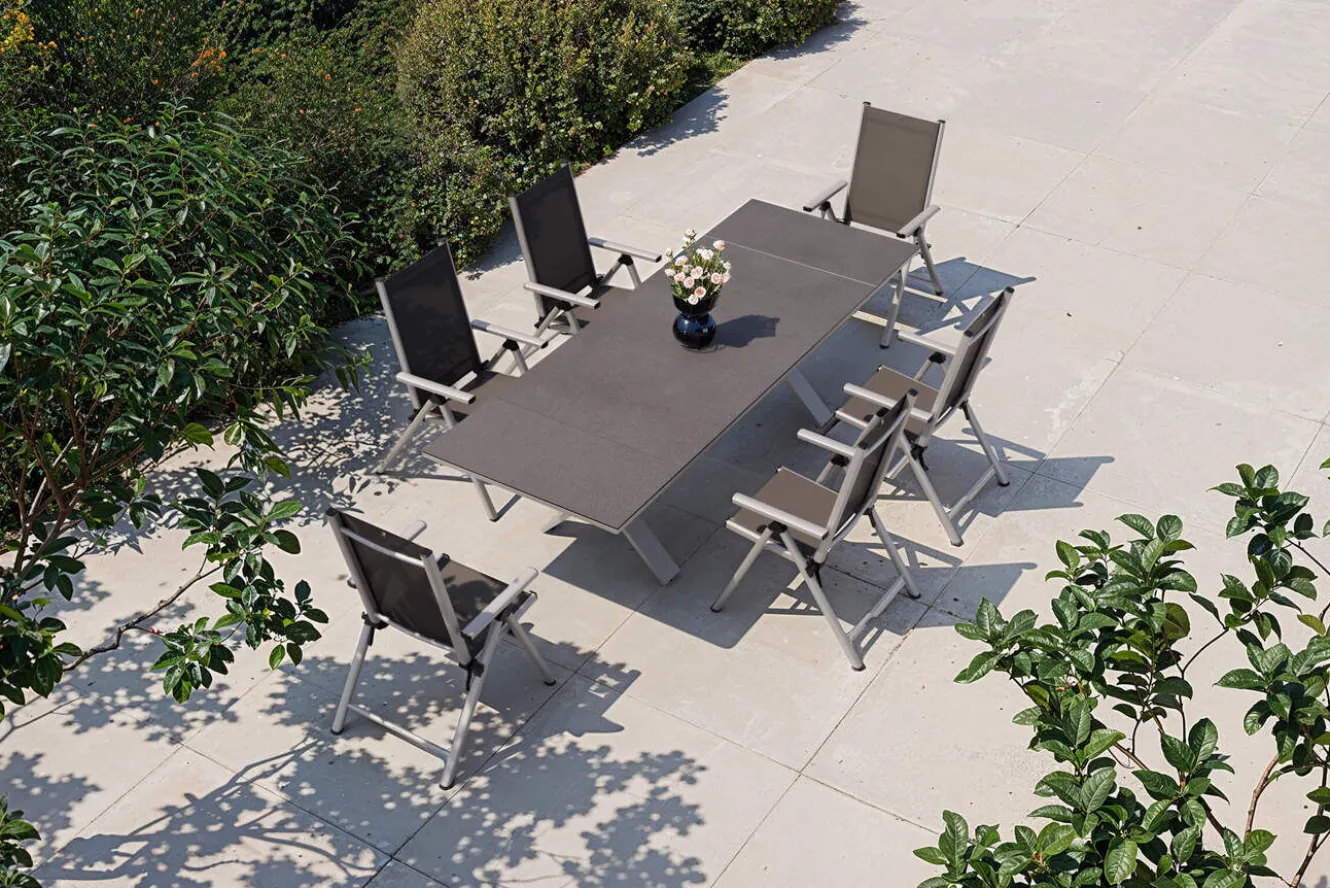 KETTLER BasicPlus Pro Garten-Essgruppe, silber/anthrazit, Alu/Textilene/Spraystone, 180/280 x 100 cm, 6 Klappstühle