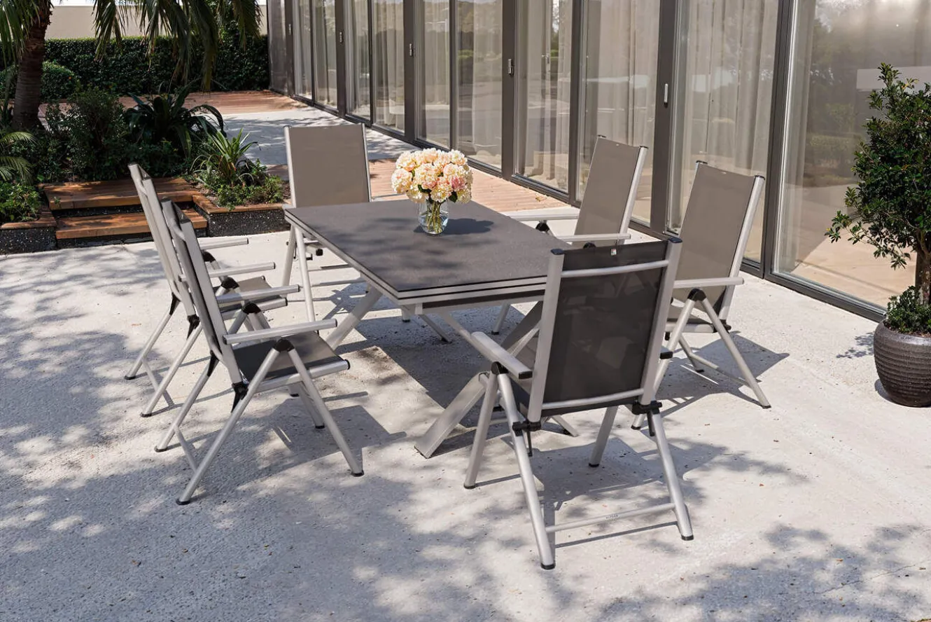 KETTLER BasicPlus Pro Garten-Essgruppe, silber/anthrazit, Alu/Textilene/Spraystone, 180/280 x 100 cm, 6 Klappstühle
