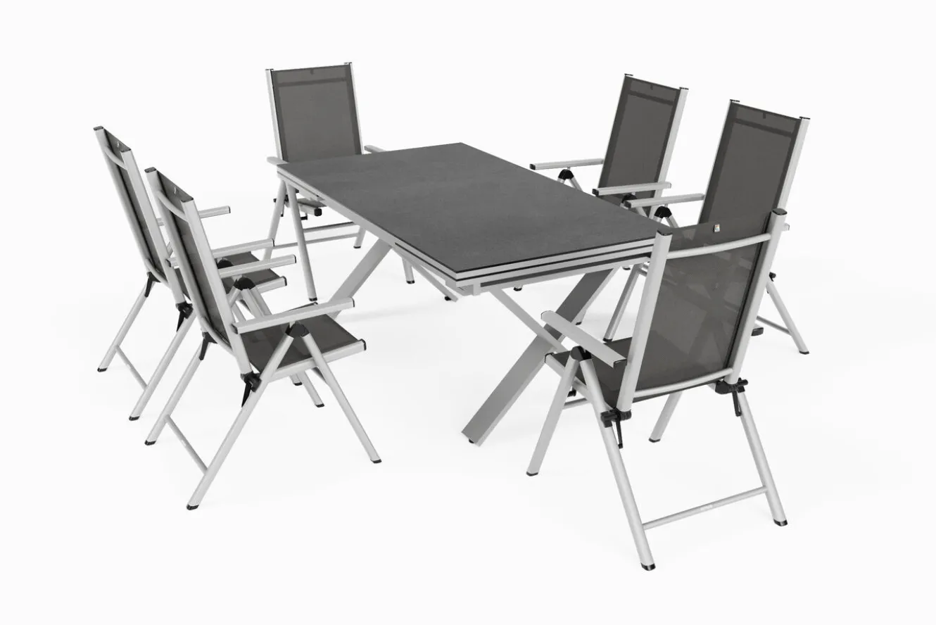 KETTLER BasicPlus Pro Garten-Essgruppe, silber/anthrazit, Alu/Textilene/Spraystone, 180/280 x 100 cm, 6 Klappstühle